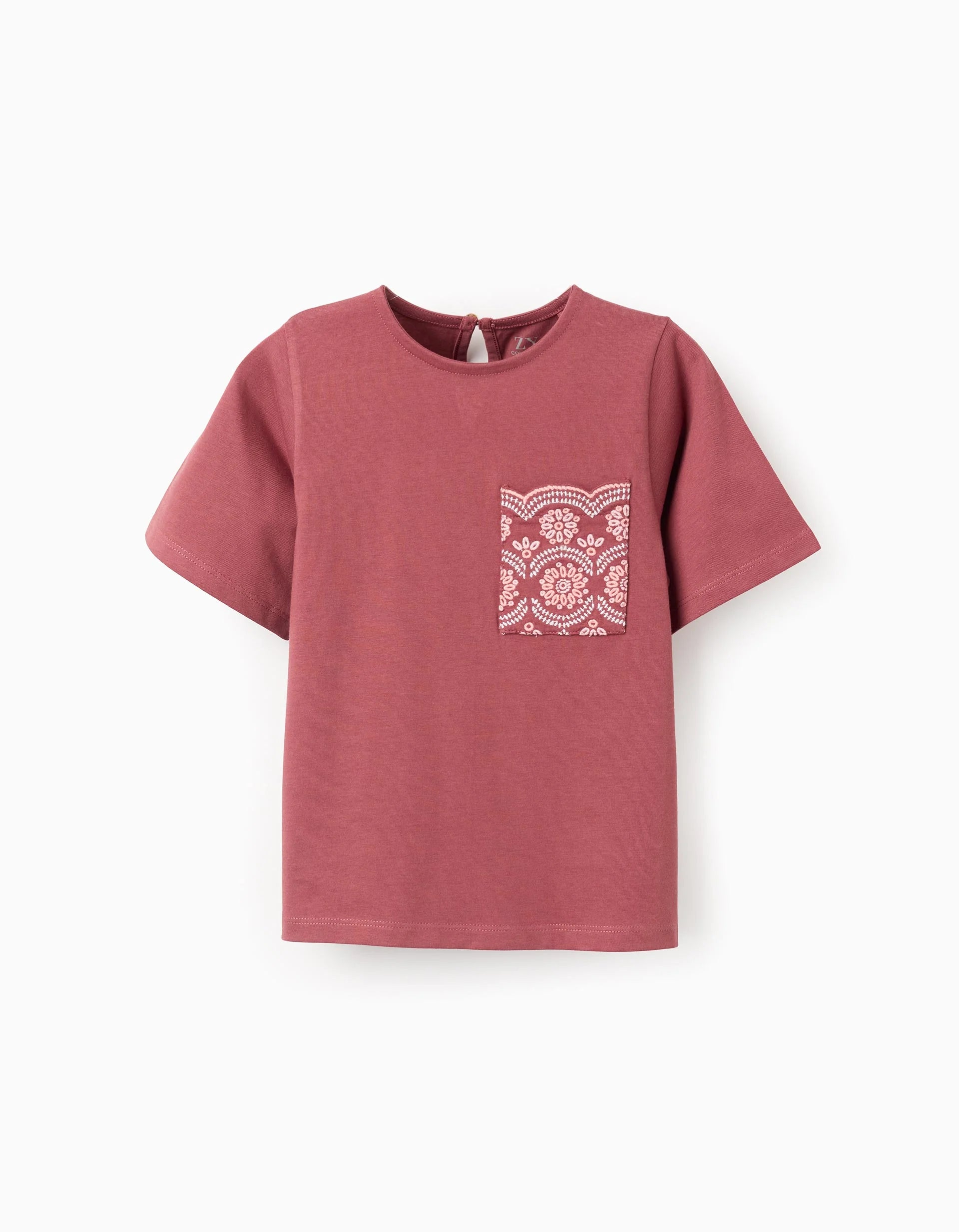 Camiseta de algodón con bolsillo bordado para niña, marrón