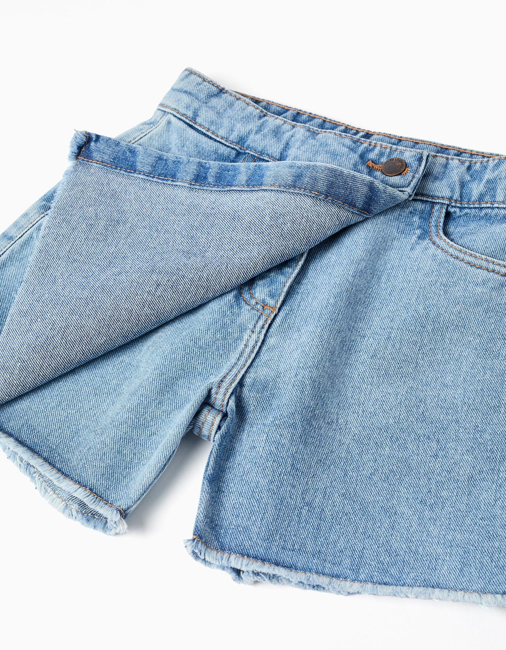 Falda-pantalón vaquera con dobladillo deshilachado para niña, azul claro