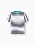 Camiseta de algodón a rayas con estampado para niño, blanco/azul/verde