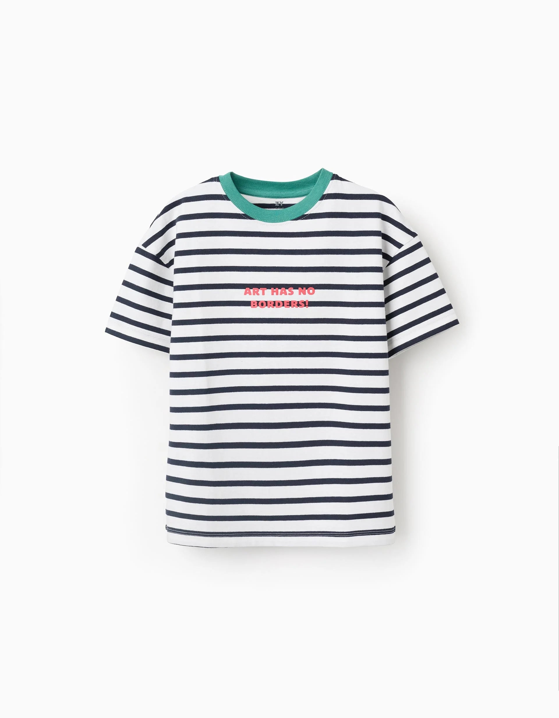 Camiseta de algodón a rayas con estampado para niño, blanco/azul/verde