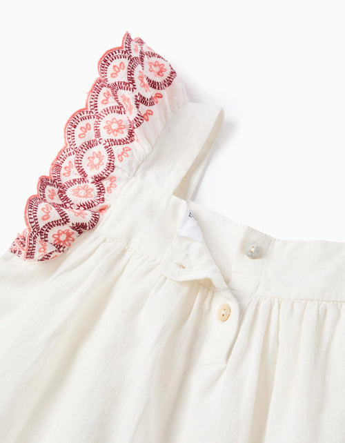Blusa de lino y algodón con volantes para niña, blanco/rosa