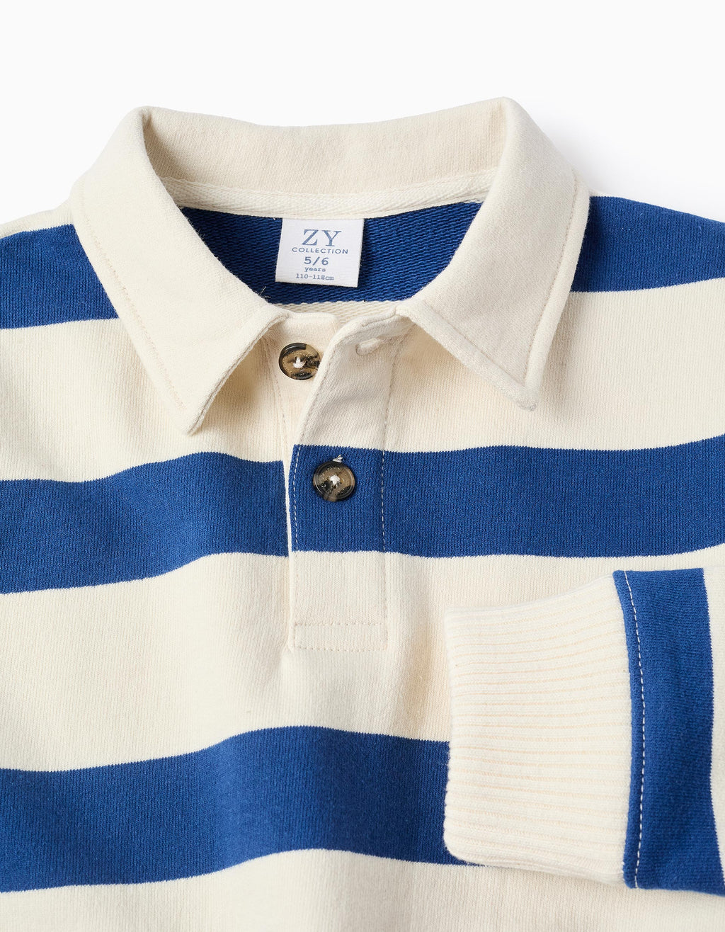 Sudadera de algodón a rayas con cuello polo para niño, blanco/azul