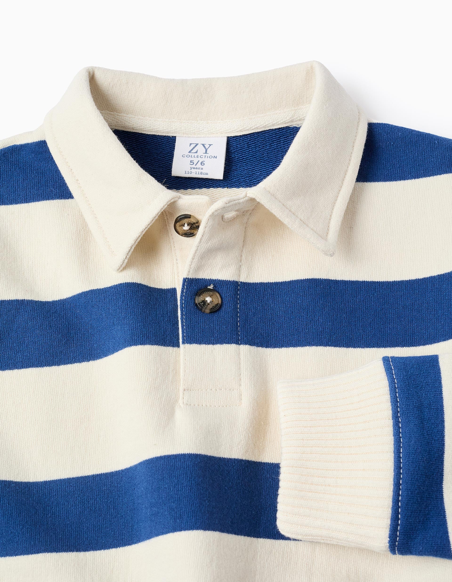 Sudadera de algodón a rayas con cuello polo para niño, blanco/azul
