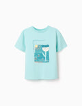 Camiseta de algodón con estampado y croché para niña, azul claro