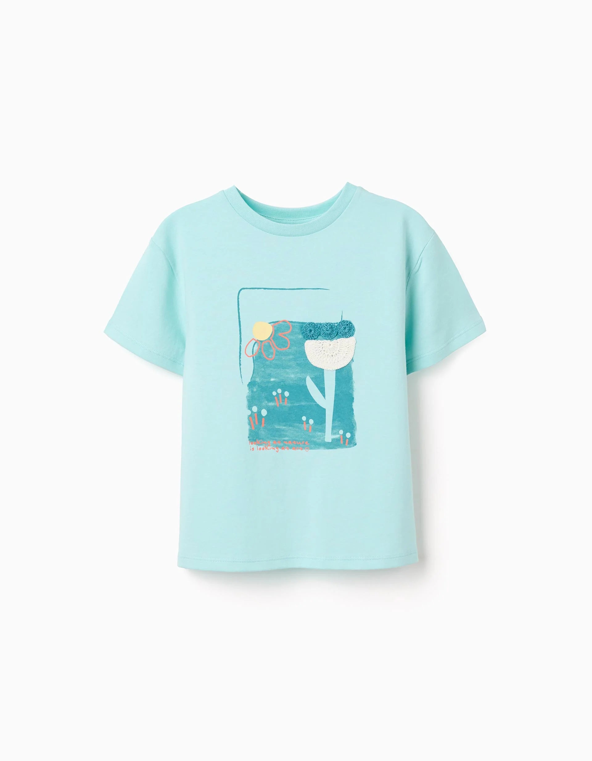Camiseta de algodón con estampado y croché para niña, azul claro