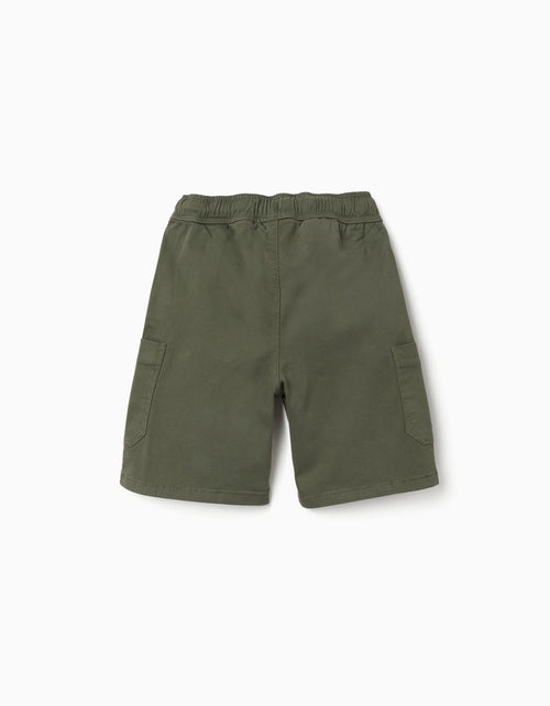Bermudas largas cargo de sarga con cordón para niño, verde oscuro