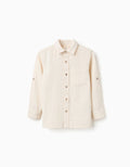 Camisa de lino de manga larga a rayas para niño, beige claro