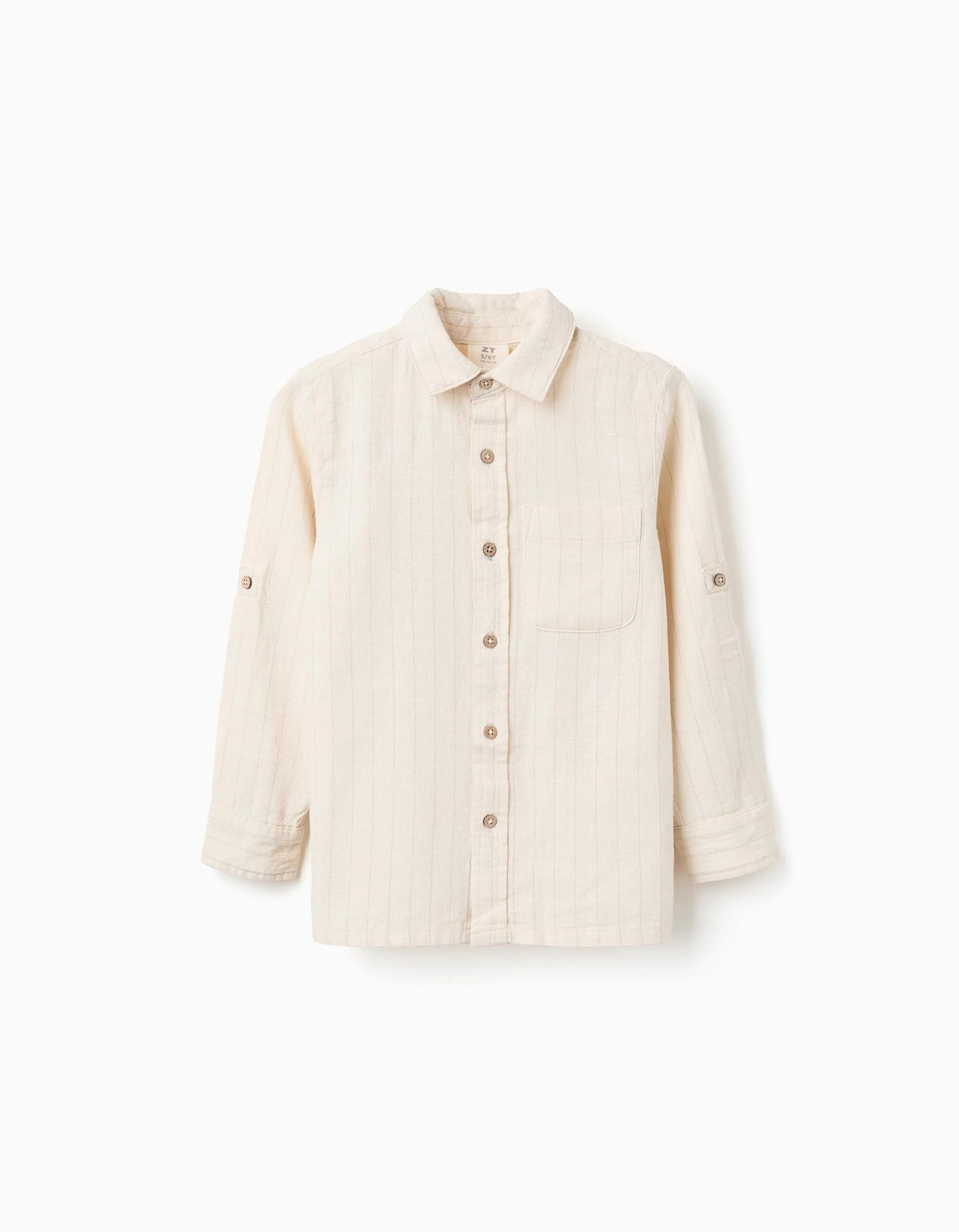Camisa de lino de manga larga a rayas para niño, beige claro