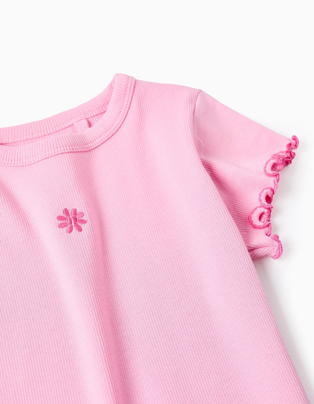 Camiseta de algodón acanalado con extremos ondulados para niña, rosa