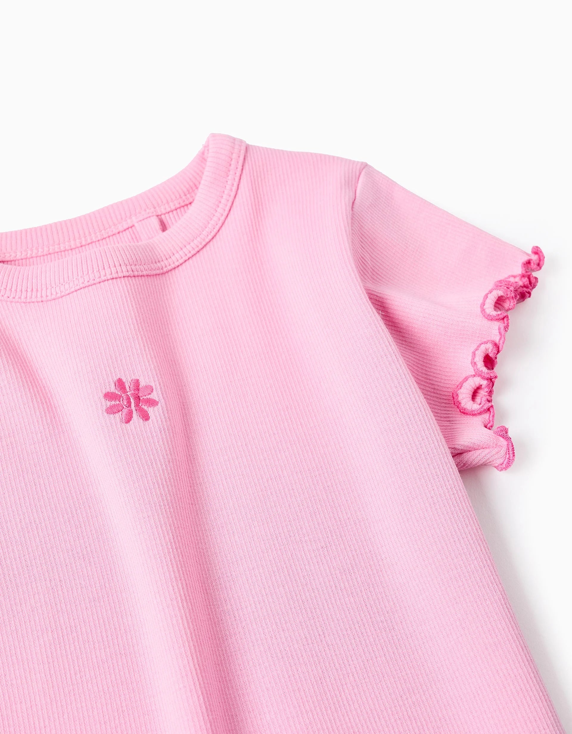 Camiseta de algodón acanalado con extremos ondulados para niña, rosa