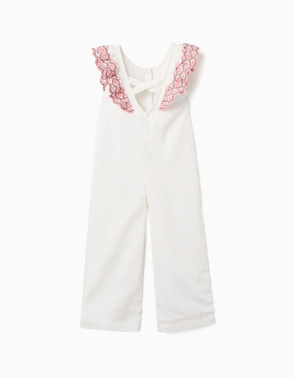 Mono de algodón de pierna ancha con volantes para niña, blanco/rosa