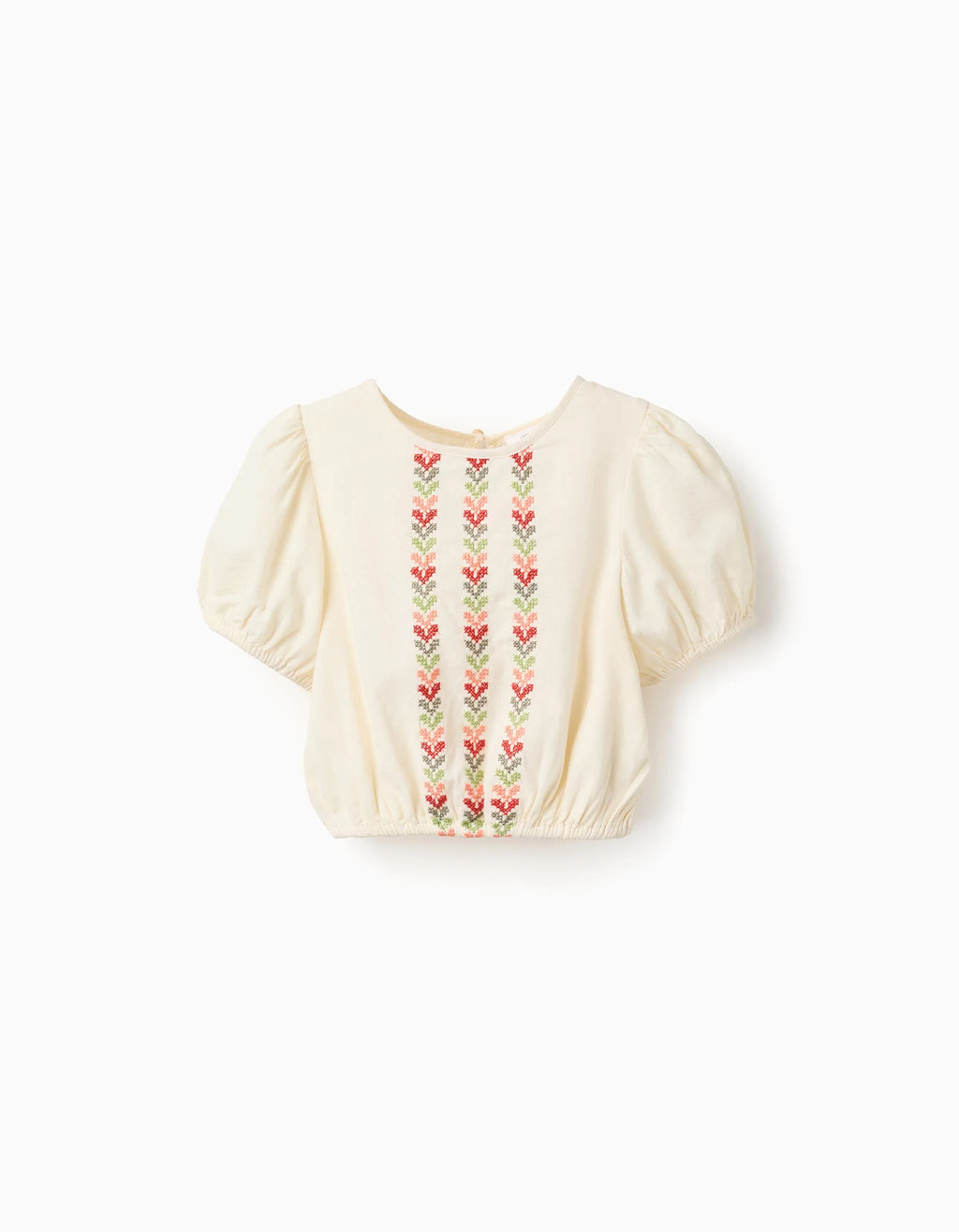 Blusa con mangas abullonadas y bordado para niña, beige claro