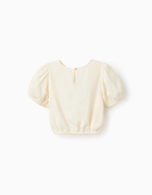 Blusa con mangas abullonadas y bordado para niña, beige claro