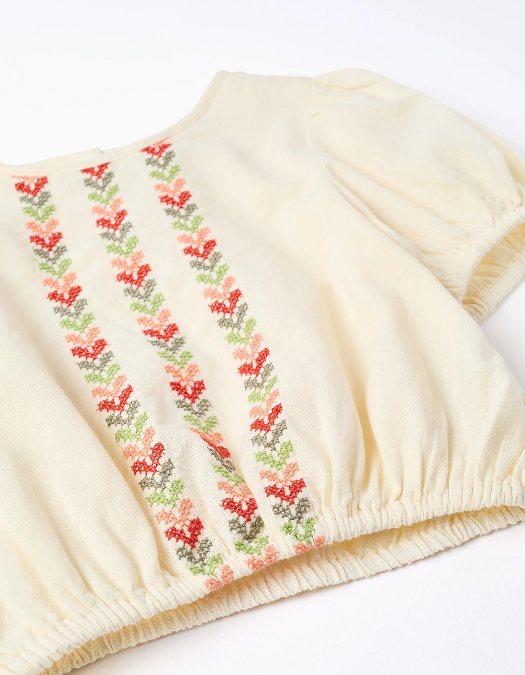 Blusa con mangas abullonadas y bordado para niña, beige claro